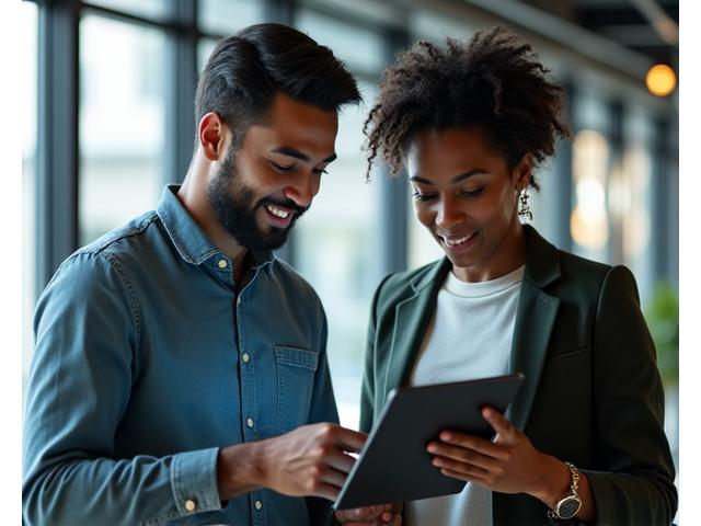 Image of two diverse business founders collaborating and looking at a tablet, showcasing innovation and partnership. representing the entrepreneurial journey and the vision to create technology-powered solutions for business funding gaps.