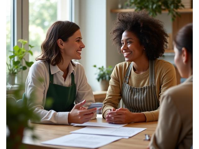 Smiling, approachable dedicated loan specialist consulting with a small business owner, representing industry-specific expertise and personalized guidance.