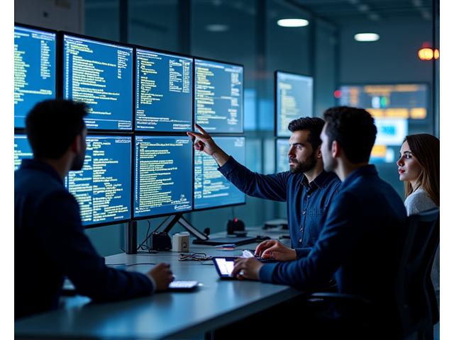 Diverse tech team collaborating around a monitor displaying code and data visualizations, representing proprietary matching algorithms and secure platforms.