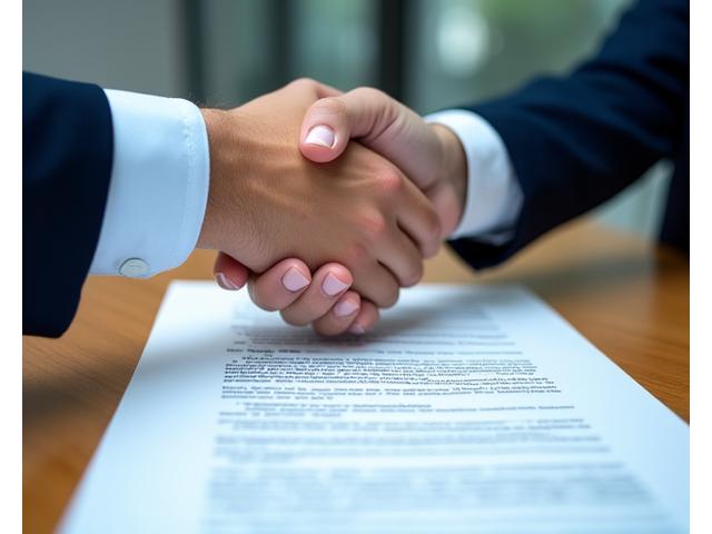 Close-up on a handshake over a legal document, subtly highlighting transparency and trust with no hidden clauses. representing clarity in financial terms and open communication.