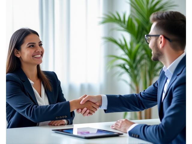 A business owner shaking hands with a friendly, professional LLC Signalers loan specialist in a modern office, symbolizing trust and personalized service.