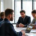 A diverse group of professionals collaborating in a modern office, representing professional services and franchise business expertise.