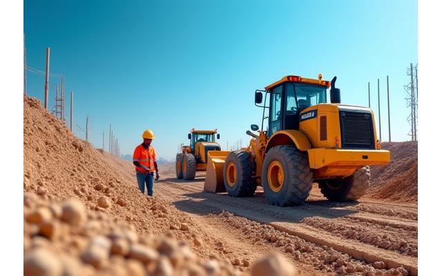 Construction workers operating heavy machinery at a large building site