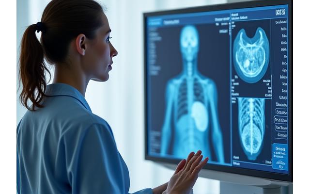 Doctor reviewing patient scans on a modern medical imaging machine.
