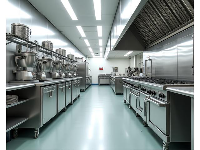 Busy commercial kitchen with stainless steel appliances