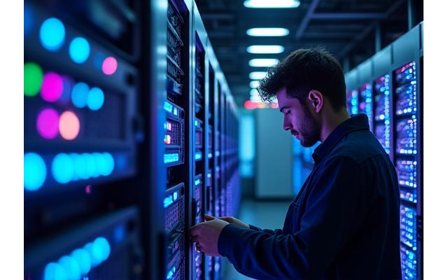Engineer working in a modern server room, illuminated by blue lights.