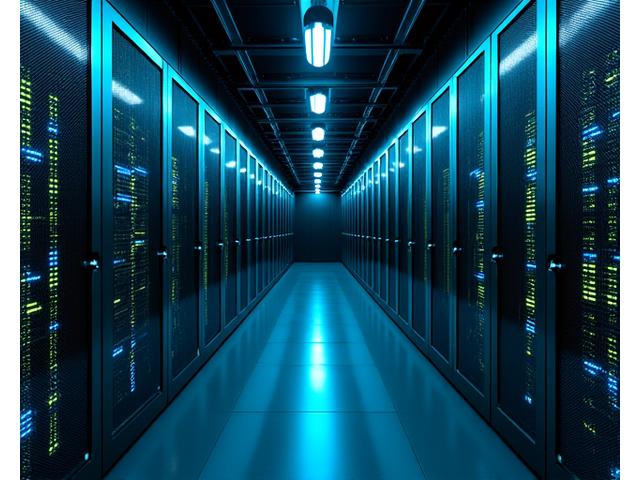 Server racks and network equipment glowing in a data center