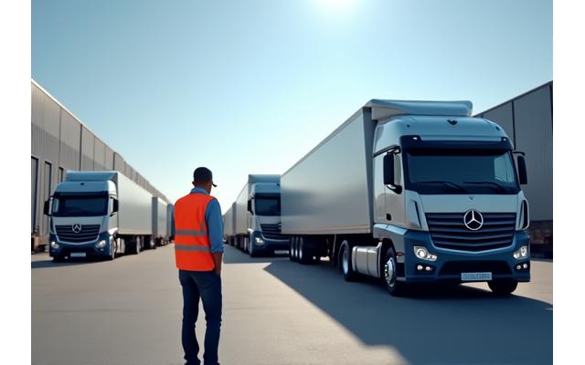 Semi-trucks lined up at a loading dock with a logistics professional overseeing operations.