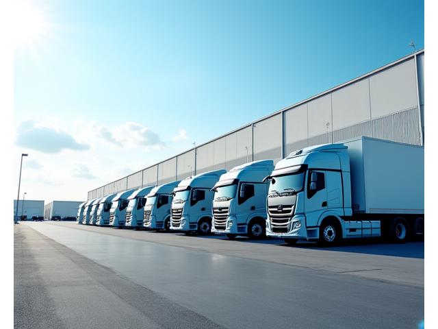 Fleet of commercial trucks parked in a logistics hub