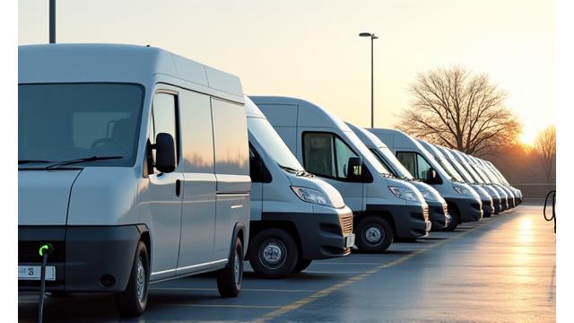 Fleet of electric delivery vans charging at a commercial station.