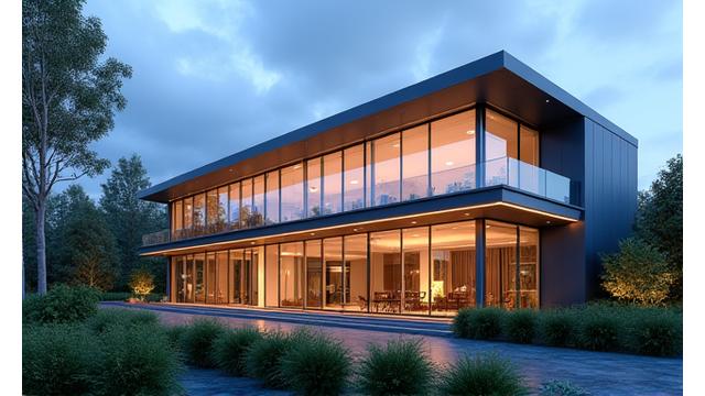 Modern commercial building showcasing energy efficient windows and LED lighting.