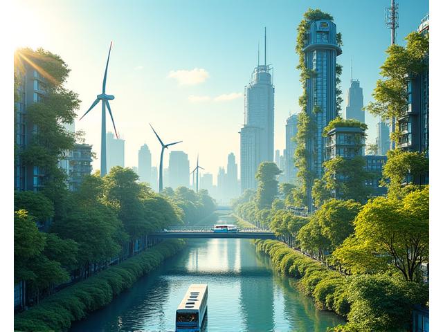 Vibrant, sustainable city skyline with wind turbines and solar panels, representing green business growth.