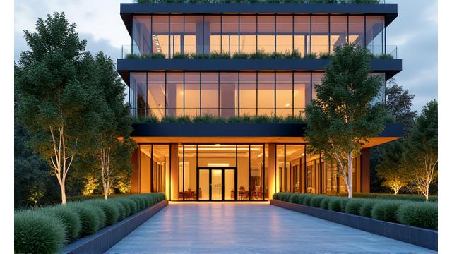 Modern building with green roof and visible LEED certification plaque at the entrance.