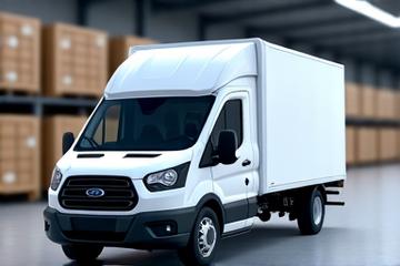 A clean, modern electric delivery truck parked at a charging station.