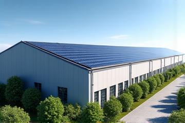 Modern manufacturing facility with prominent solar panels on its roof.