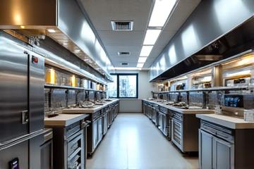 Modern, energy-efficient restaurant kitchen with LED lighting and new appliances.