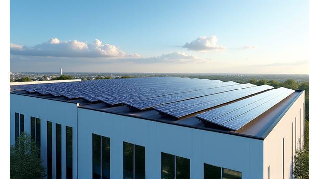 Solar panels installed on a commercial rooftop under a bright sun.