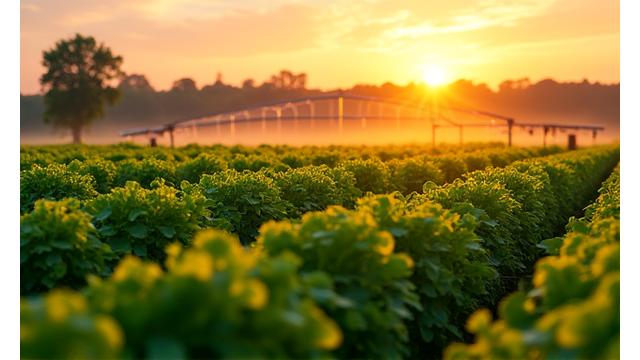 Farmer harvesting organic produce in a lush field with modern sustainable farming equipment.