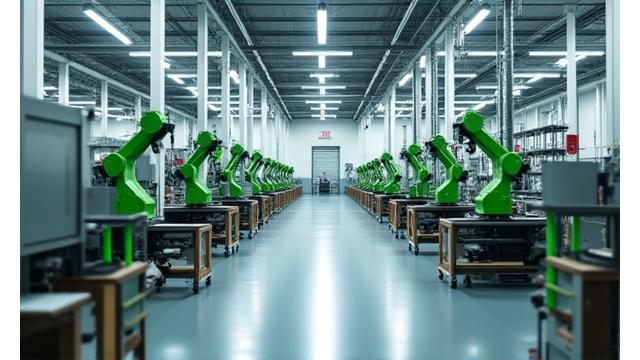 Automated sustainable manufacturing machinery in a clean factory environment.