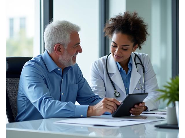 Two doctors discussing a financial document in a clinic, representing acquisition planning.