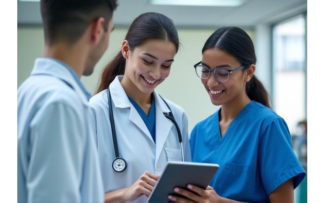 Medical professional reviewing patient charts on a tablet in a modern, clean clinic setting.