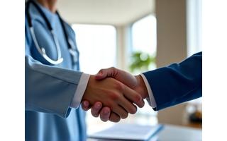 Two healthcare professionals shaking hands in a modern clinic office, symbolizing practice acquisition.