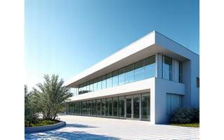 Modern medical office building exterior with a clear blue sky, symbolizing practice expansion through real estate.