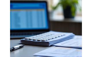 Stack of medical bill folders and a calculator on a desk, representing working capital.