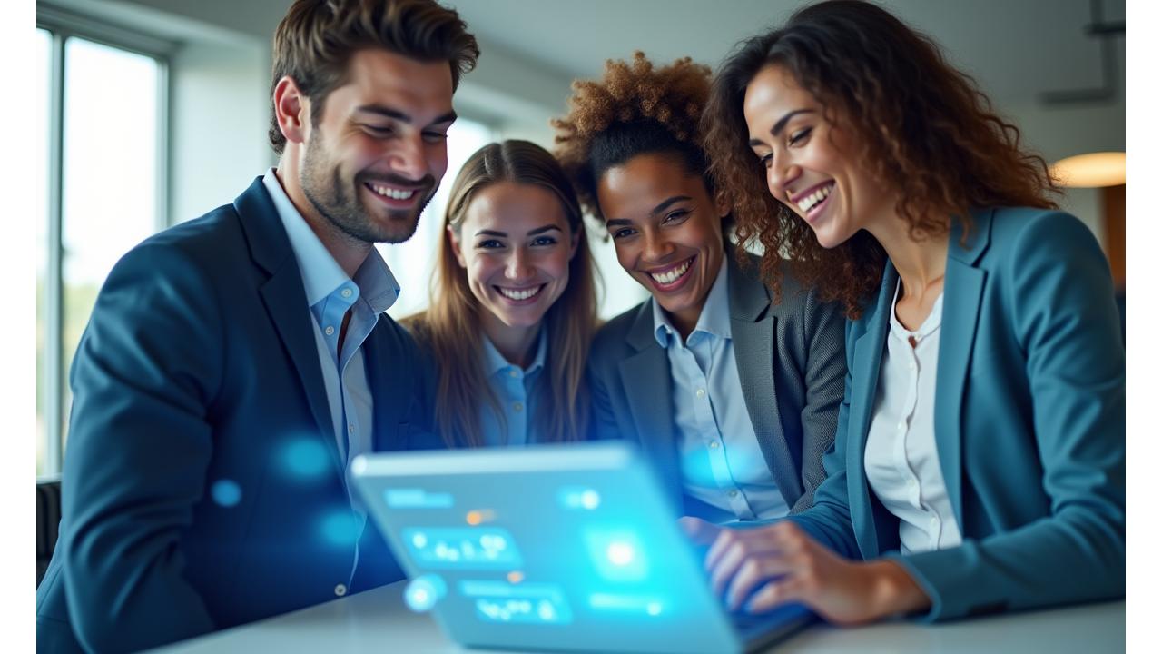 Diverse entrepreneurs celebrating success and growth with a digital overlay showing financial data and quick approval processes, conveying speed and transparency.