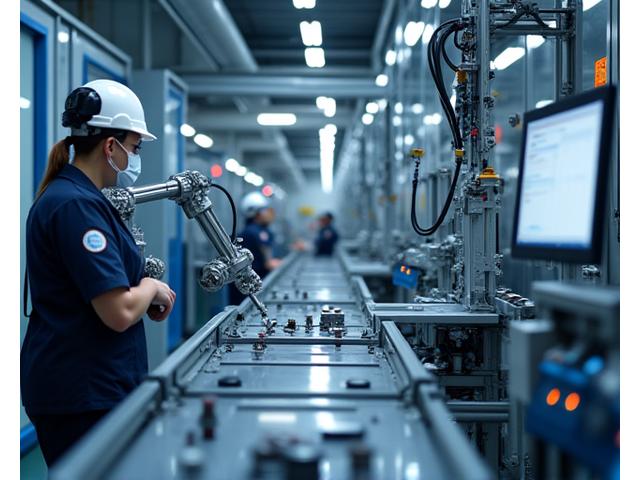 Automated production line in a clean, modern factory with robotic arms working efficiently, symbolizing advanced manufacturing and efficiency.