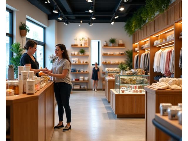 Stylish boutique interior with diverse products and a happy customer interacting with a friendly cashier, depicting successful retail operations.