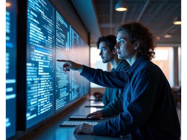 Software engineers collaborating in a modern, innovative tech office environment, showing data visualizations and fast-paced development.