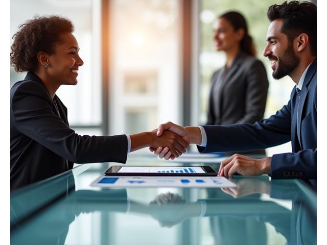 Two diverse business owners shaking hands over a tablet displaying financial charts, symbolizing a successful partnership and overcoming financial hurdles.