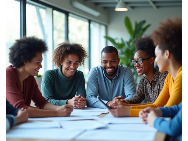 A diverse group of smiling minority entrepreneurs collaborating on business plans in a bright, modern office space.