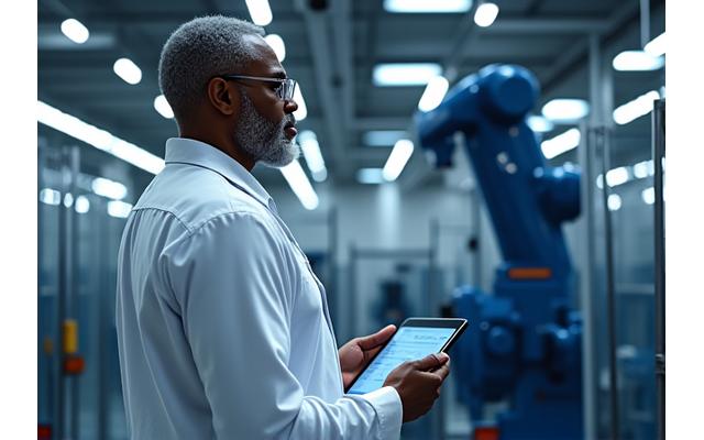An African American factory owner oversees advanced machinery on a brightly lit factory floor.