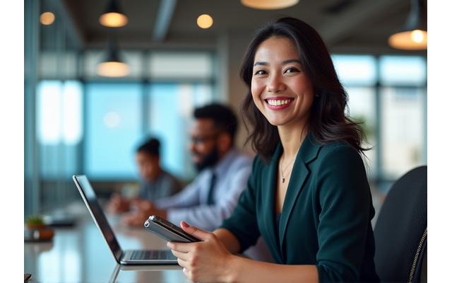 A smiling woman entrepreneur in a modern office, working on a laptop, with a diverse team in the background.