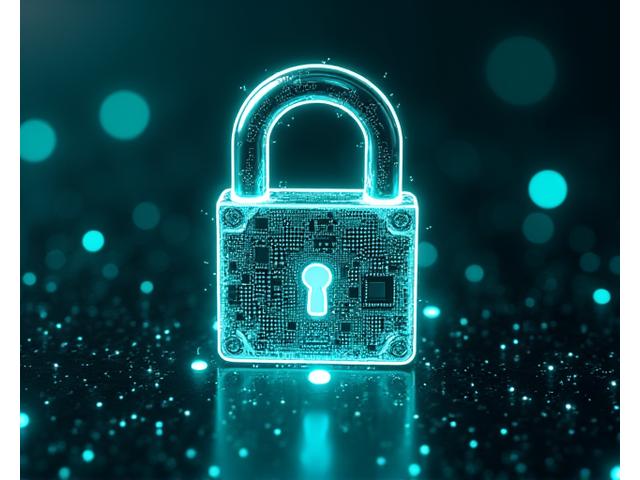 Glowing digital padlock overlaid on a circuit board background, representing advanced cybersecurity measures and robust data encryption.