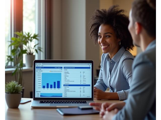 Small business owner collaborating with an advisor, discussing working capital management on a laptop screen.
