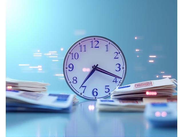 Digital clock displaying fast time, overlaid with stacks of cash and business documents, symbolizing quick SBA Express loan approval.