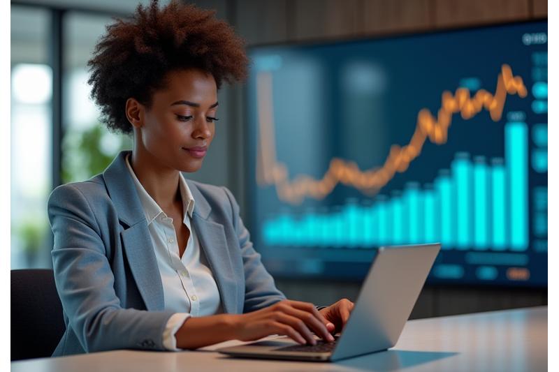 Entrepreneur using a tablet to apply for an SBA loan, with a chart showing low interest rates and growth trends in the background.