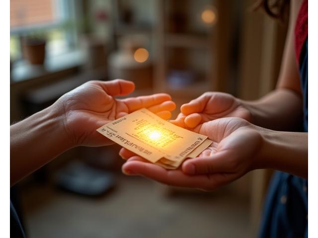 Young entrepreneur in a small workshop receiving a microloan, represented by hands exchanging documents with a subtle glow, symbolizing new beginnings.