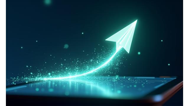 A rocket launching from a digital tablet displaying 'Application Sent', symbolizing fast and successful submission.