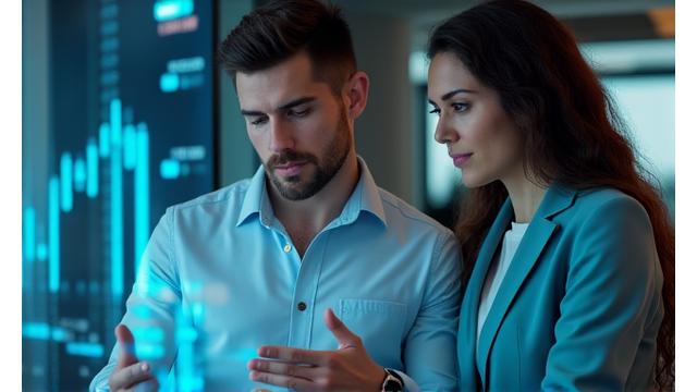 Two professionals discussing financial data on a transparent screen, representing expert underwriting and clear communication.