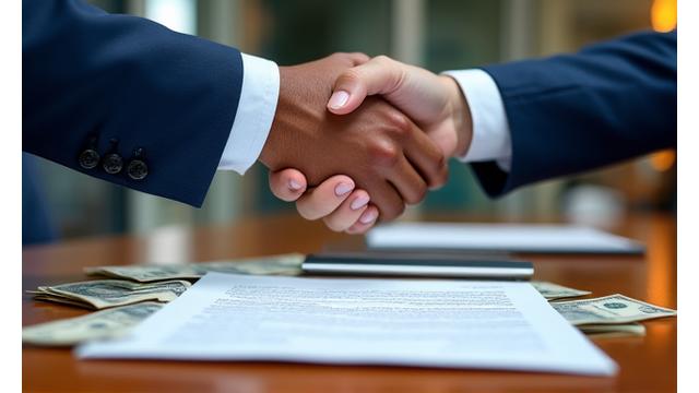 Hands shaking over a stack of money and a signed contract, celebrating the successful closing of an SBA loan.