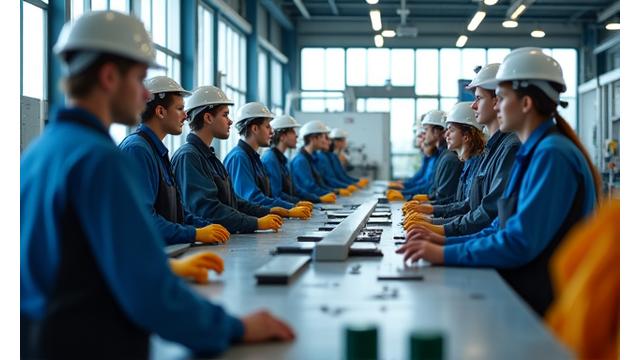 A diverse team of skilled workers operating modern machinery on a busy factory floor.
