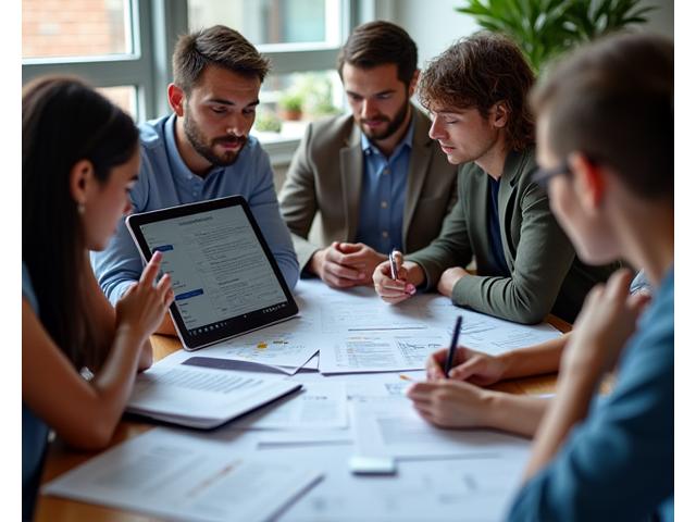 A diverse group of startup founders reviewing financial documents and a business plan on a tablet, symbolizing qualification and strategic planning.