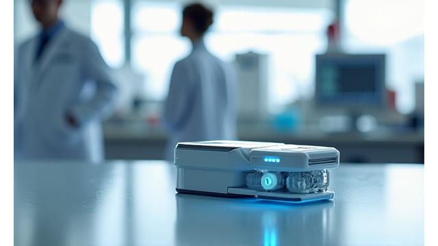 A medical device prototype on a workbench with engineers in the background, representing a healthcare innovation startup funded by LLC Signalers.