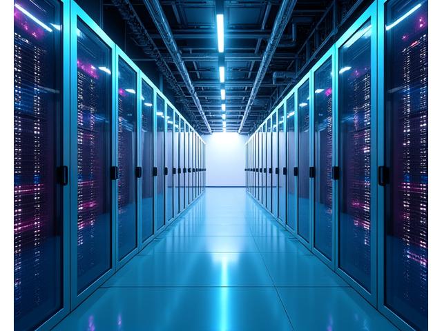 A server room with glowing blue lights, rows of data racks, and a stylized network overlay, representing technology infrastructure financing