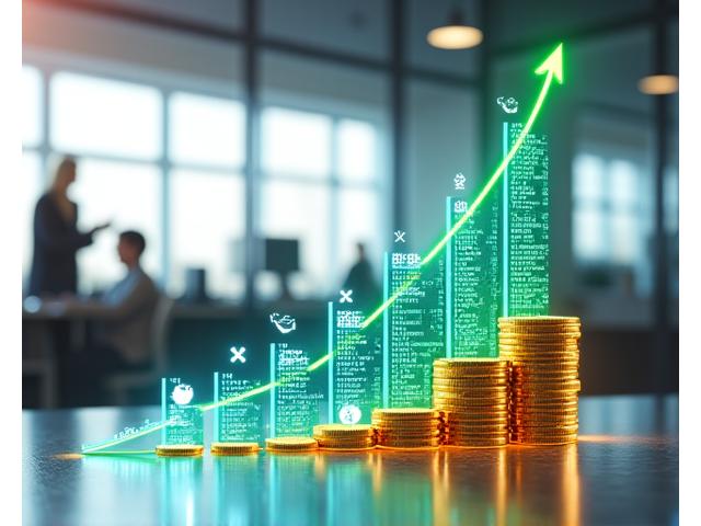 A visual representation of growing revenue streams and a financial graph pointing upwards, with digital currency symbols, against a modern, bright office backdrop