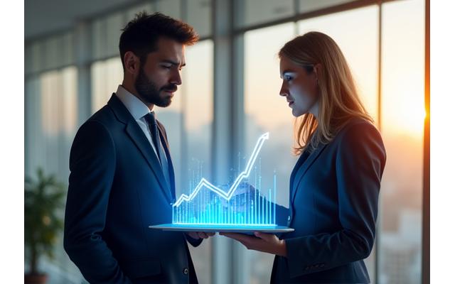 Two business people reviewing a financial growth chart on a tablet, symbolizing streamlined business expansion through term loans.